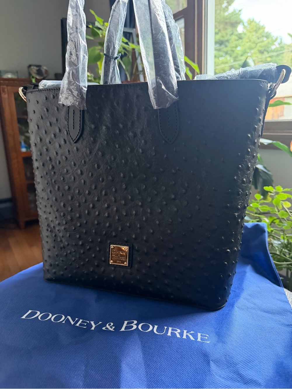 Dooney & Bourke Black Ostrich-Embossed Leather Tote with Gold Plaque